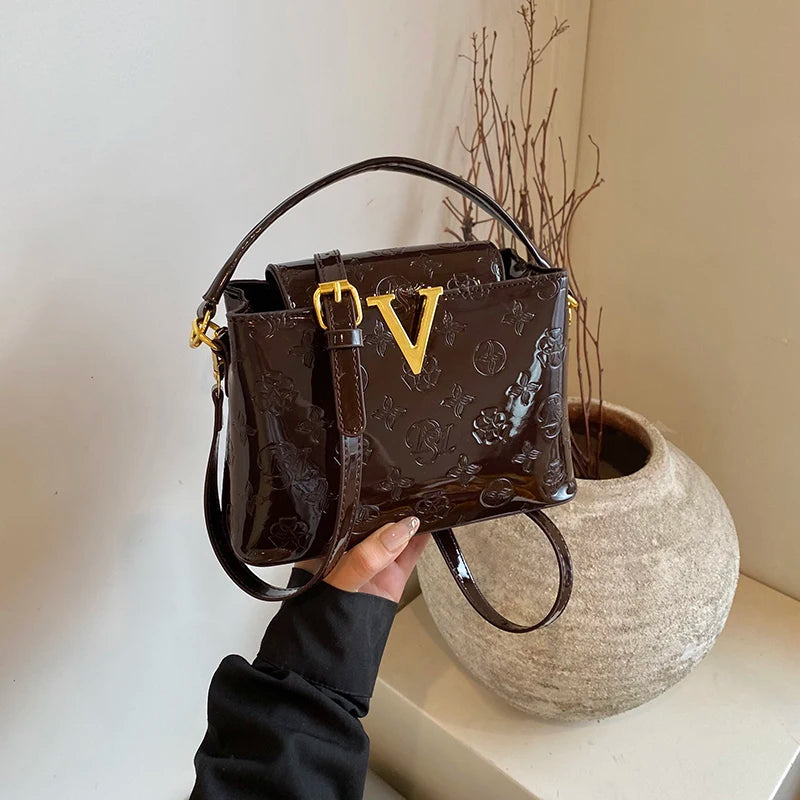 Elegant Trendy Smooth Shiny PU Solid Color Women Shoulder Bag Pattern Print Deco Handbag Crossbody Bag for Outings Party Travel