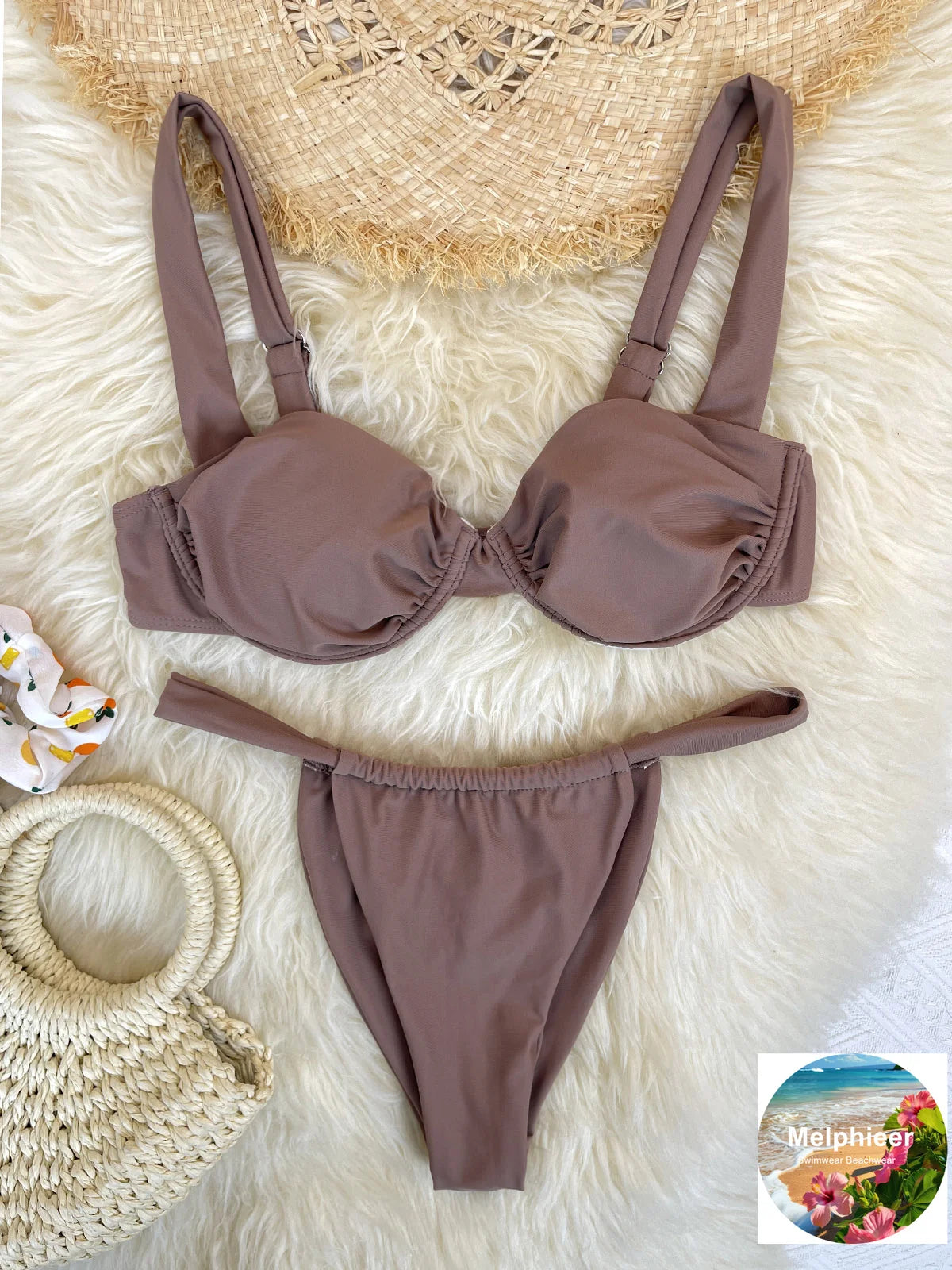 Melphieer Women's Solid Color Bikini Set Strappy Bandage Push-Up Swimsuit Summer Lady Beach Pool Club Swimwear Bathing Suit