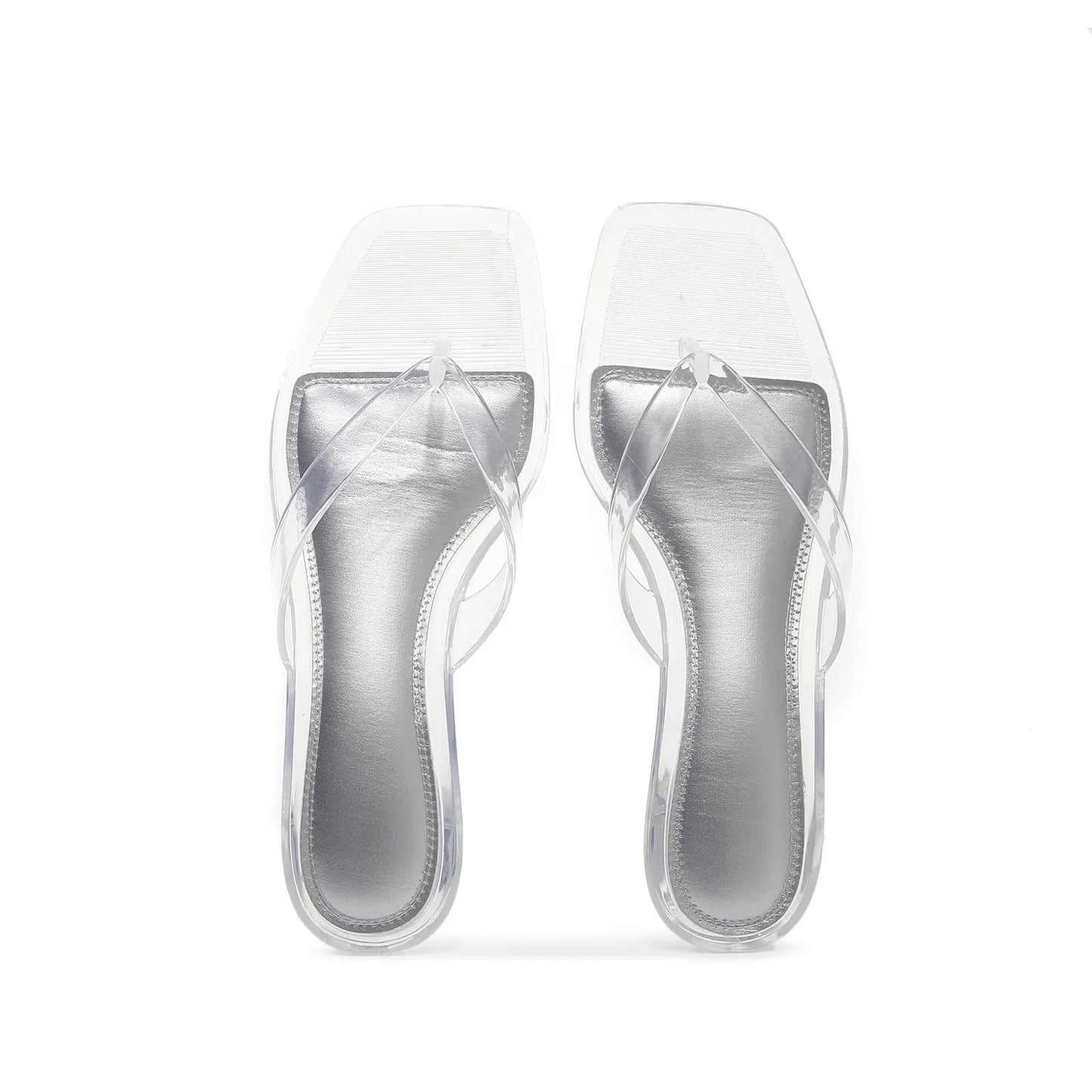 Vacation Elegant Kitten Heel Thong Sandals, Square Toe Clear Brown Jelly Flip Flops, Women Summer Comfortable Beach Party Shoes