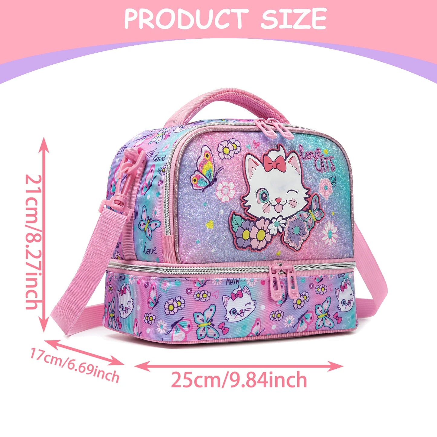 Kids Dual Compartment Lunch Bag for Girls, Double Decker Cooler Insulated Lunch Box Large Meal Tote for Kids