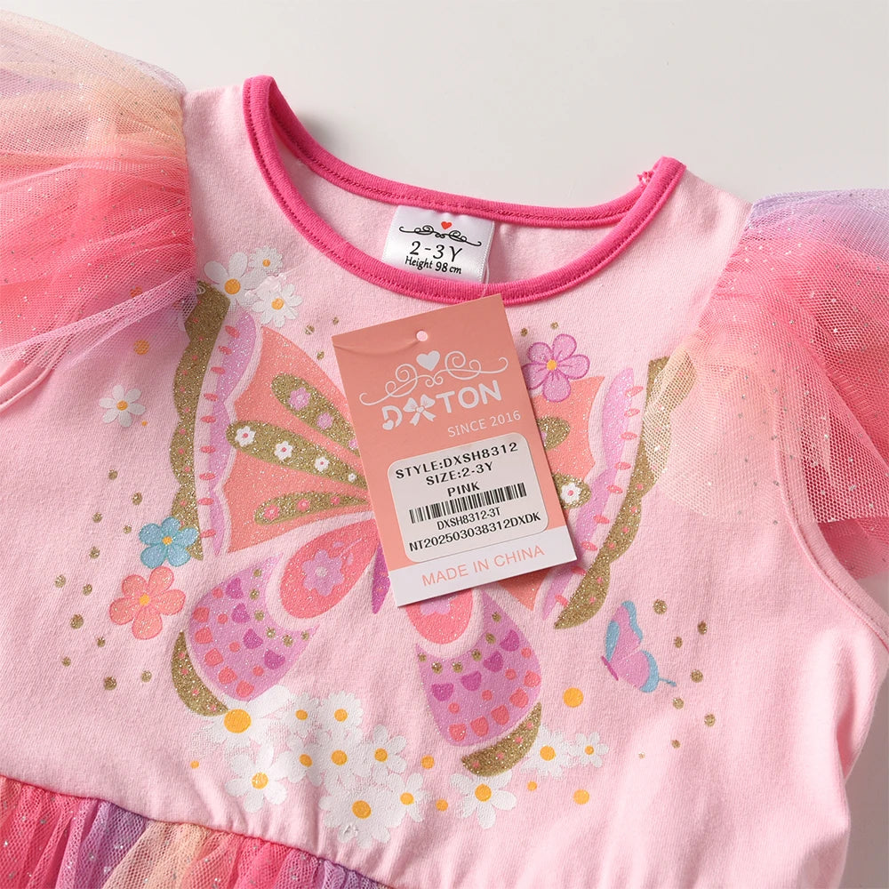 DXTON Girls Princess Dress Ruffles Sleeveless Butterfly Kids Vacation Dress Gradient Mesh Layered Cake Children Birthday Clothes