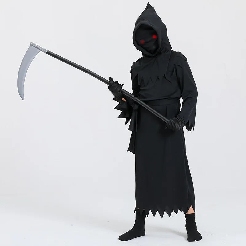 Halloween cosplay costume, Grim Reaper, terrifying skeleton costume, children's glowing red eyes, Grim Reaper ghost robe, sickle