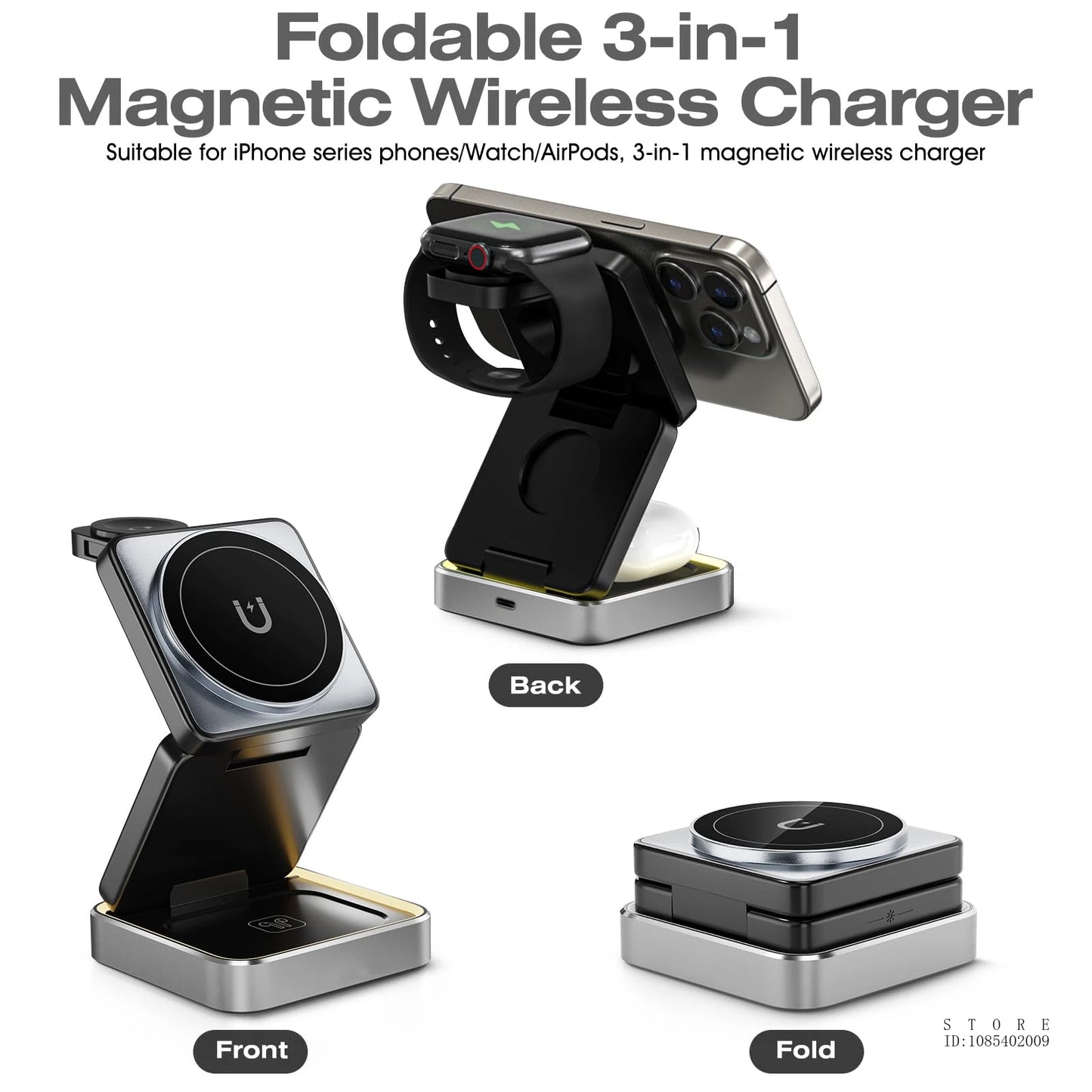 Wireless Charger 3-in-1,Portable Travel Foldable Charger Aluminum Stand for iPhone 15 14 13 12 Pro Max Plus Watch & Airpods