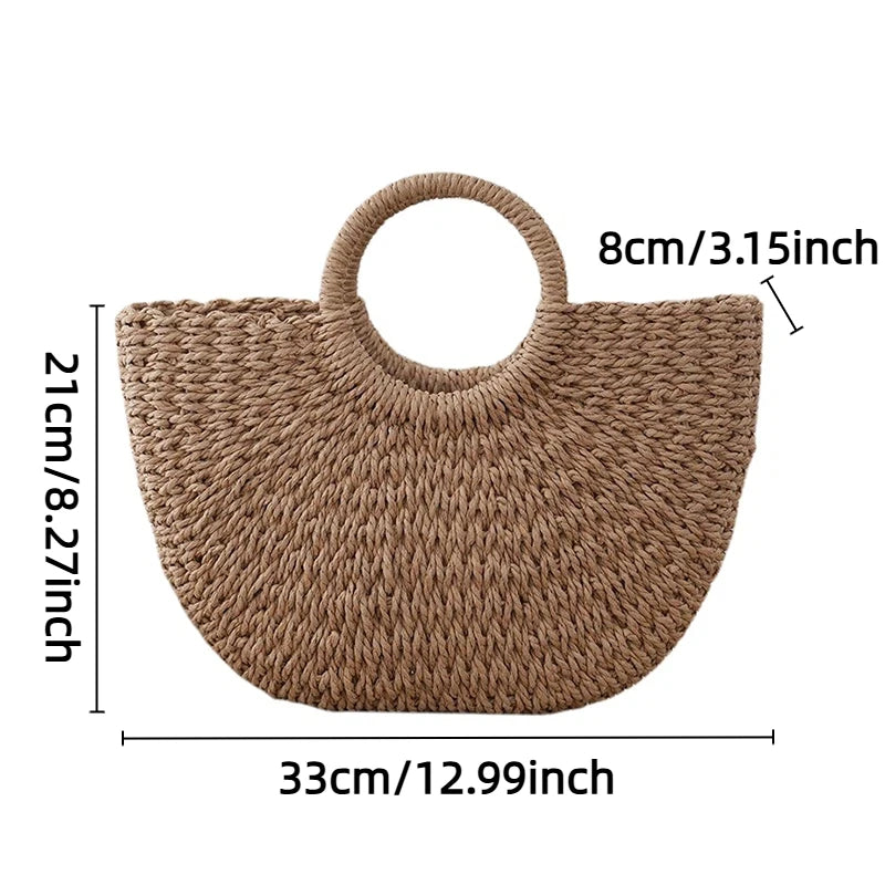 Hand Woven Straw Semicircle Tote Bag Large Capacity Handheld Crossbody 2-in-1 Beach Vacation Fashion Bag for Women