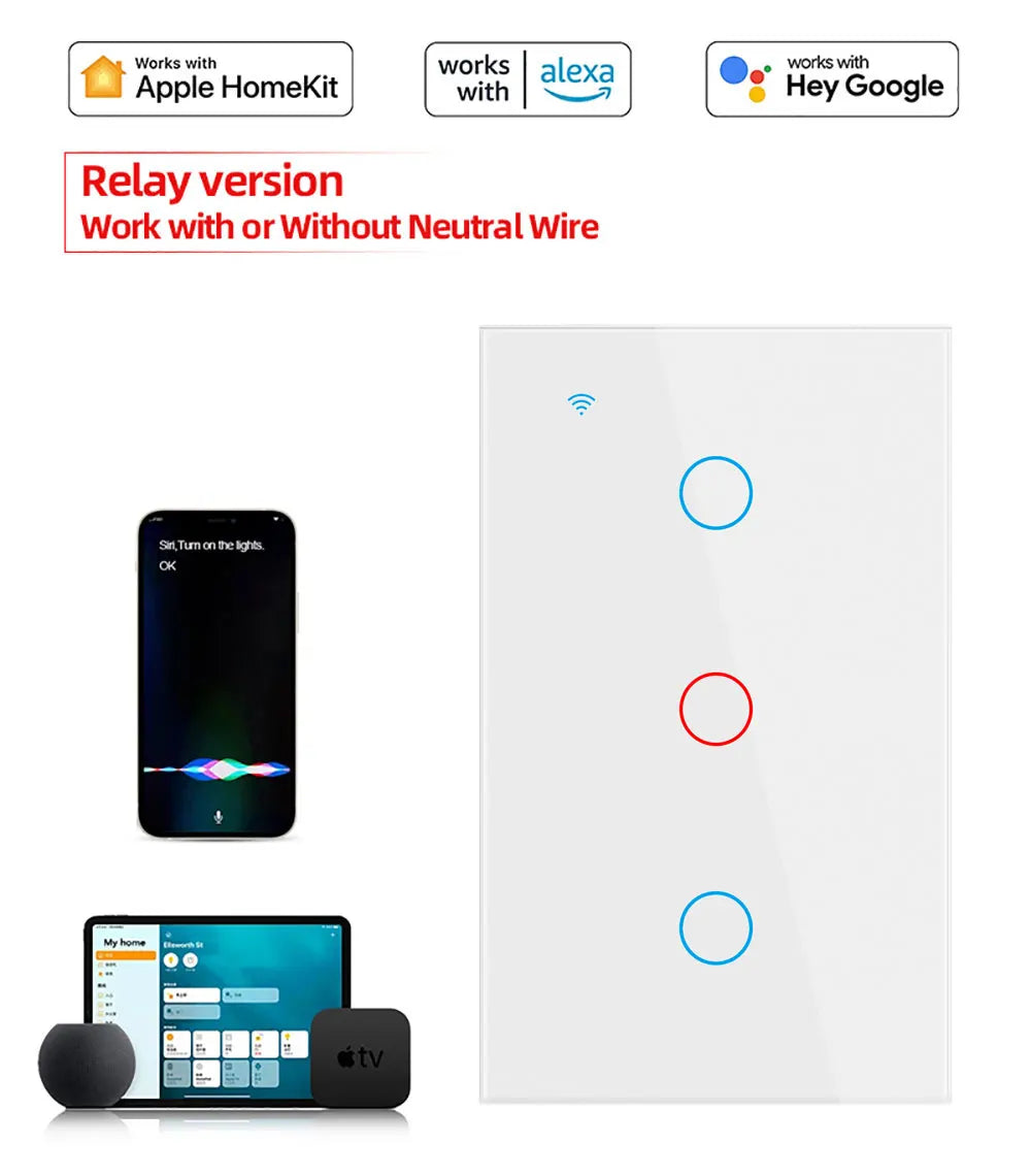 Apple Homekit Smart Switch No Neutral EU/US WIFI Touch Sensor Light Switch Smart Google Home Alexa Siri Voice Control 220V 110V