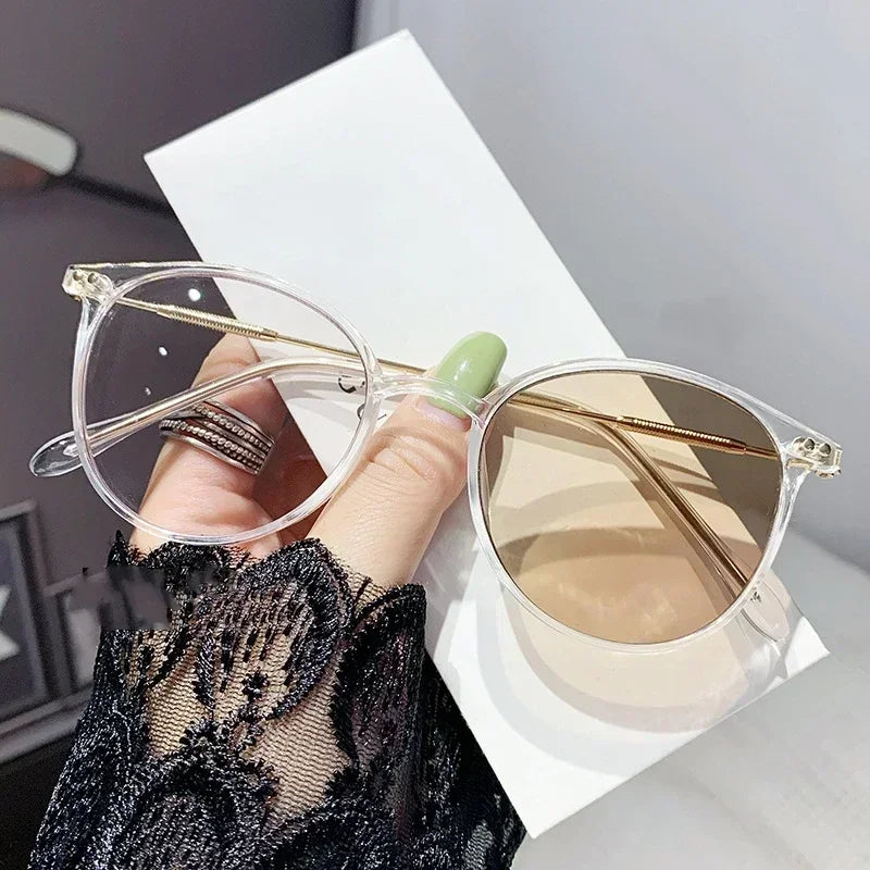 Intelligent Blue Light Blocking Myopia Glasses Round Frame Ultra Light Color Changing Sunglasses Outdoor Travel Driving Eyewear