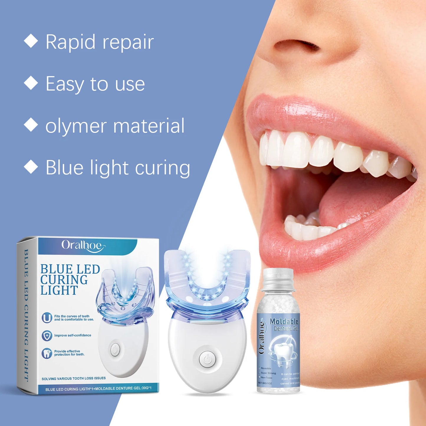 Teeth Whitening Kit Portable Teeth Cleansing Device Mild Tooth Filling Home Convenient Blue LED Curing Light Dental Repair Kit