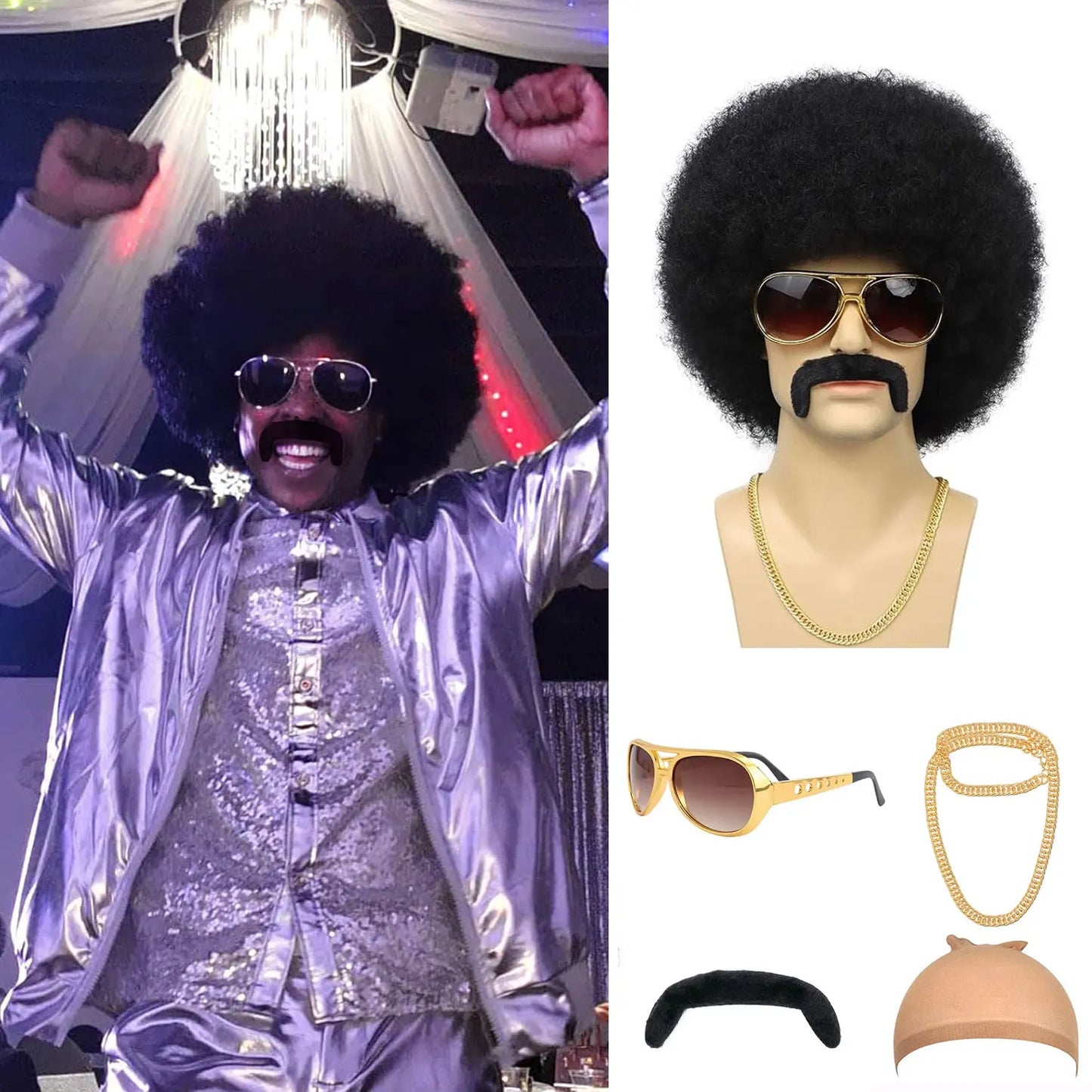 Synthetic 70S 80S Men’s Afro Wig for Disco Party Hippie Extensionsro Curly Retro Disco Rocker Wigs for Costume Halloween Cosplay