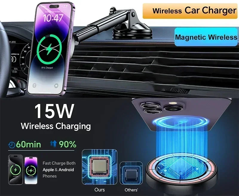 UYUXIO Magnetic Wireless Car Charger Windshield Dash 15W Fast Charging Adapter for iPhone 17 16 15 14 13 Car Mount Phone Holder
