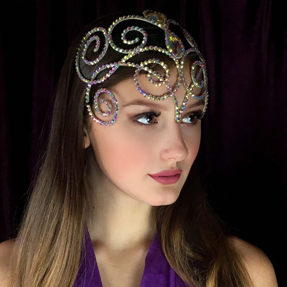 Stonefans Gorgeous Belly Dance Headpiece Headband Bridal Hair Jewelry Hollow Colourful Rhinestone Head Chain for Women Ballroom