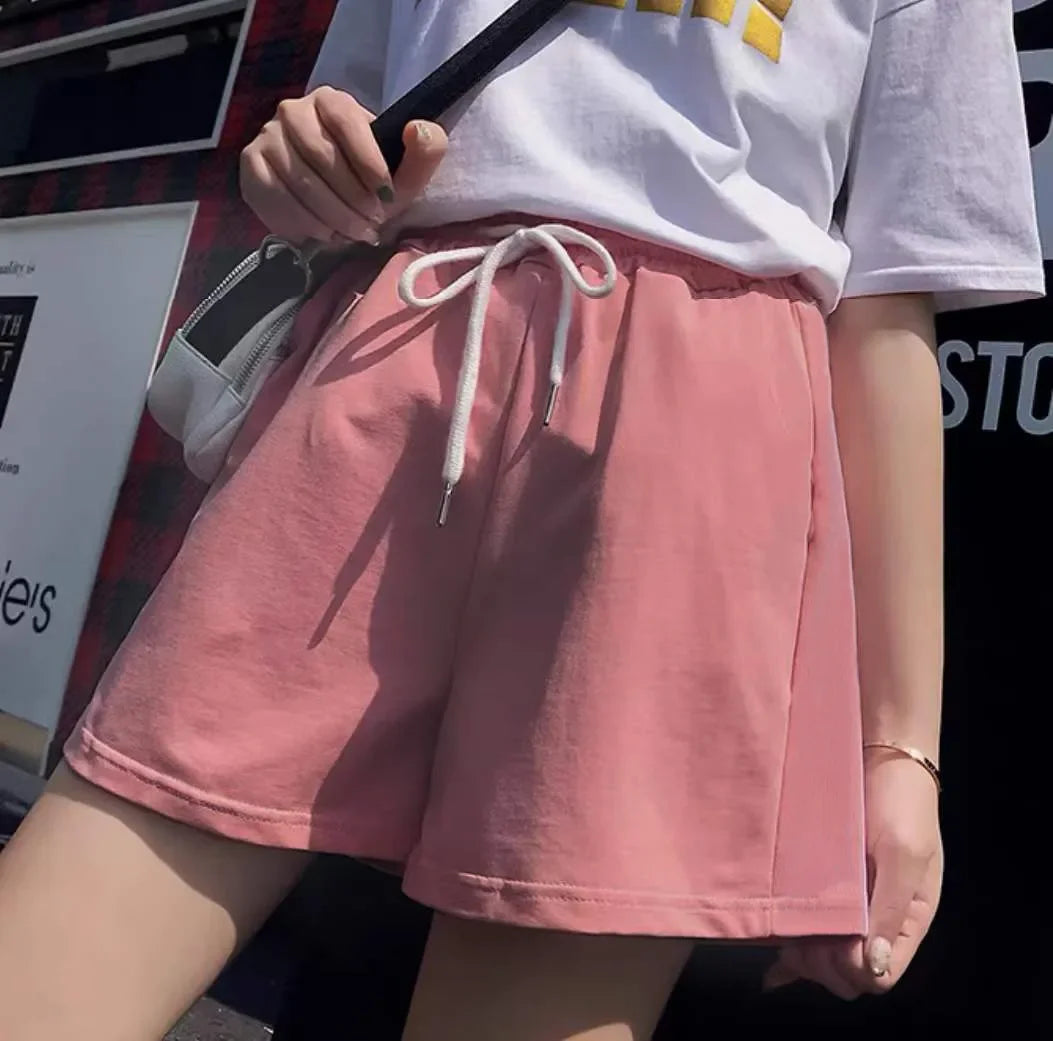 Women's casual drawstring sports shorts summer slim fit high waist yoga A-line shorts loose women's running straight shorts