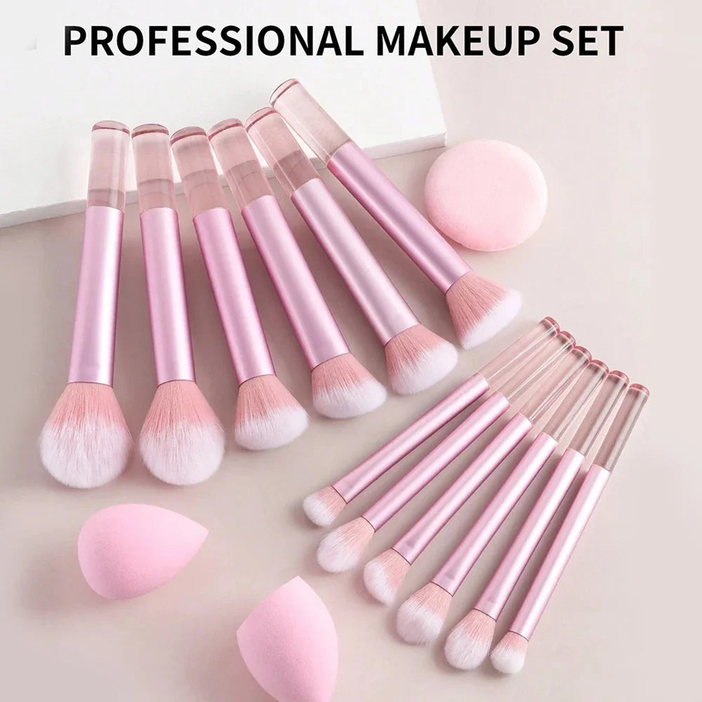 12pcs Professional Makeup Brush Set Incl. Eyeshadow, Powder, Blush Brushes, 2pcs Makeup Sponges, 1pc Powder Puff, Complete Trave