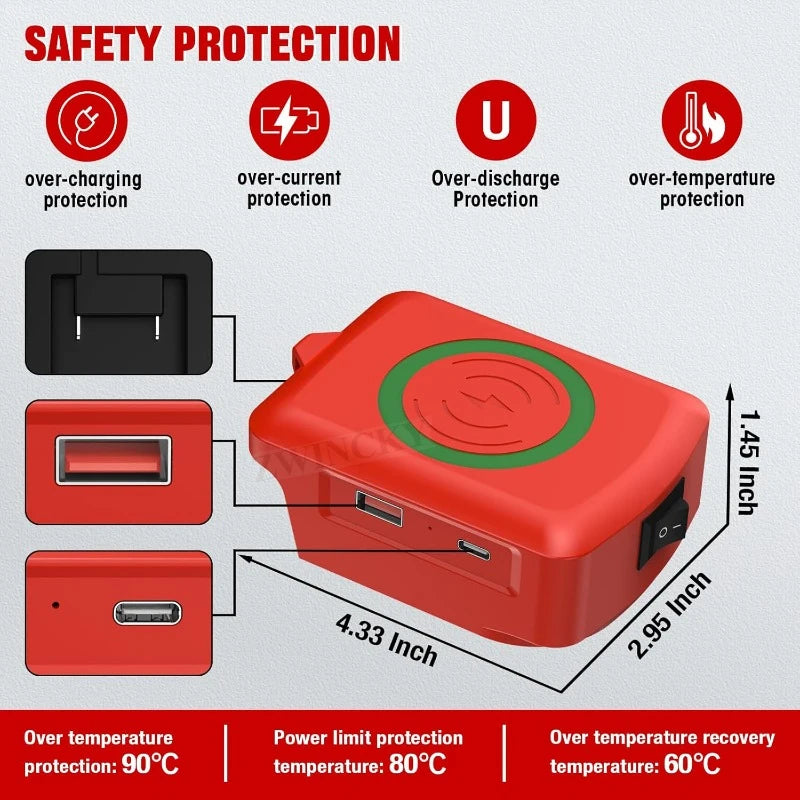 Wireless Charger Adapter for Milwaukee 18V Battery 15W Wireless Charging Adapter for Cell Phone with USB USB-C 2.1A Fast Charge