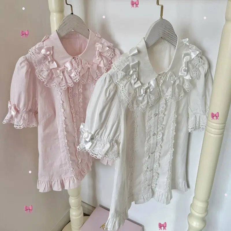 2025 New Summer Kawaii Short Sleeved Blouse Japanese Lolita Cute Sweet Versatile Thin Blusas Women Shirt Princess Party Vestidos