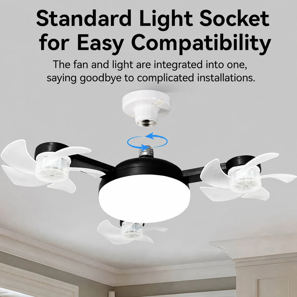 E27 Dimmable LED Socket Drone Fan Light with RC & Extension Rod 2 In 1 Hanging Fans 3-Speed for Bedroom Kitchen Working Space