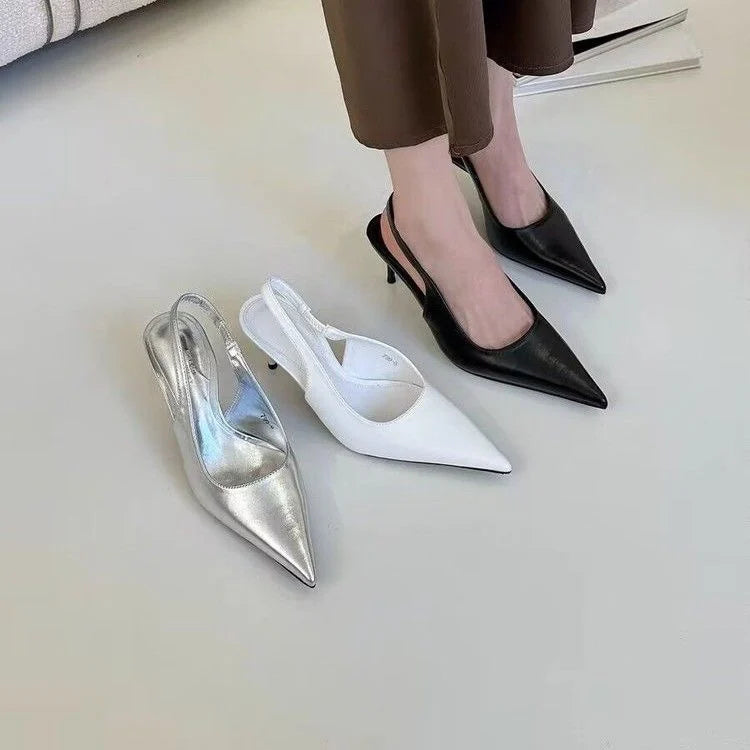 Elegant High Heels Silver Pumps Women Summer Slingbacks Pointed Toe Party Shoes Woman Solid Thin Heeled Sandals Ladies