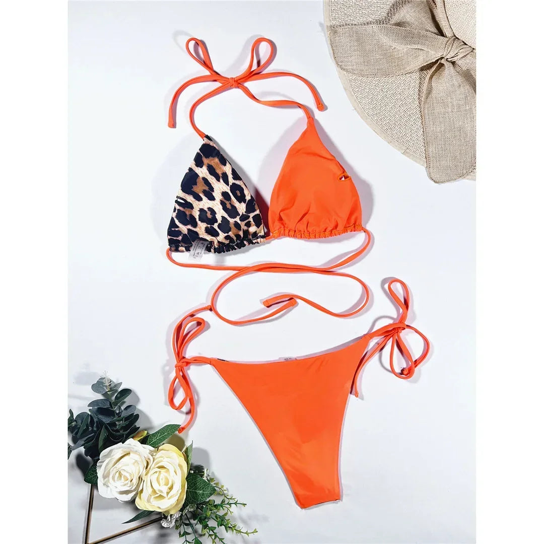 Halter Splicing Leopard Bikinis 2026 Satin Bikini Female Swimsuit Women Swimwear Two-pieces Bikini Set Micro Bathing Suit Swim