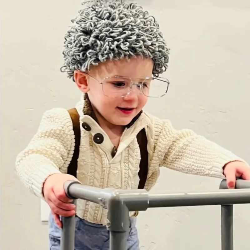 Cosplay Kids Boy Girl Hat Cute Old Lady Woman Curly Hair Wig Cap Skullies Beanies Winter Warm Knit Children Baby Hats and Caps
