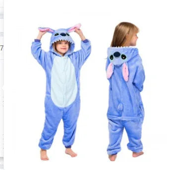 Children's Gift Autumn and Winter Flannel Cartoon One-Piece Pajamas for Boys and Girls Home Clothes Stitch Cute Christmas Gift