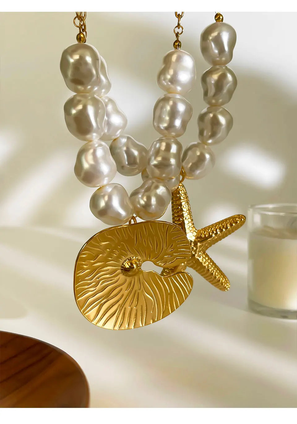 GHIDBK Exaggerated Punk Big Starfish Irregular Round Pendant Necklaces for Women Imitation Baroque Pearl Collarbone Chain Summer