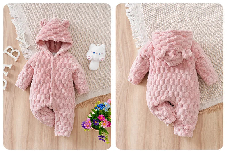 Newborn Baby Romper Winter Flannel pink Hooded ears long sleeve Unisex Baby Bodysuits 0-18 months Girl Comfort Clothes