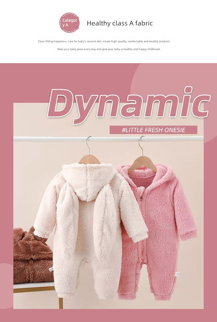 Baby Fur Fleece-Lined Jumpsuit Winter Thicken Thermal Male and Female Baby Clothes Outwear Hooded Romper Jumpsuit