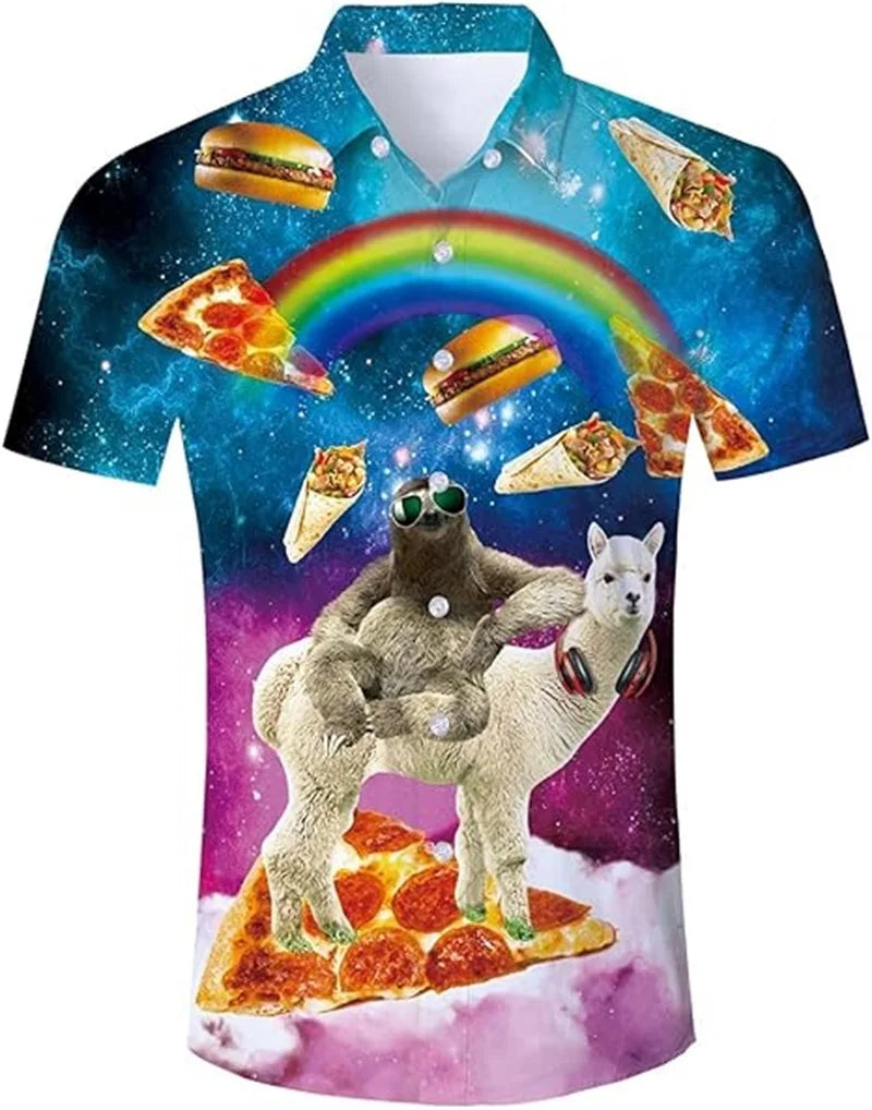 Full Print Funny Cat Dinosaur Pattern Hawaiian Shirts For Men Summer Casual Short Sleeve Button Aloha Shirt Men's Surfing Shirts