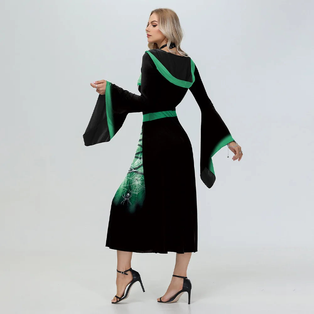 Halloween Skeleton Cosplay Costumes for Women Medieval Robe Vintage Party Hooded Dress Witch Scary Clothes Day of The Dead