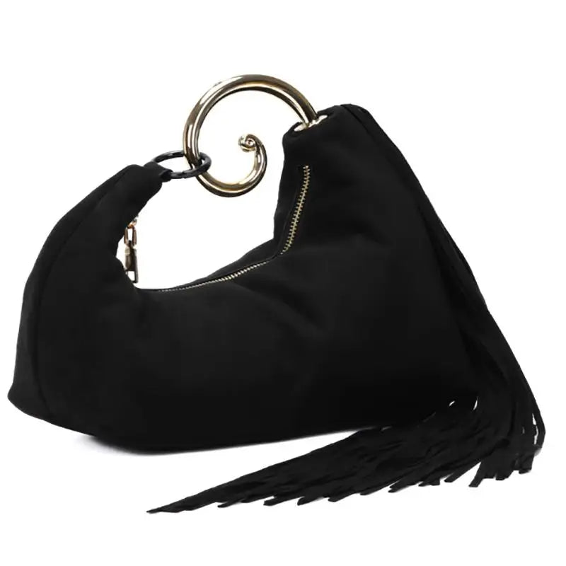 Trendy Vintage Evening Bags for Women, French Luxury Faux Suede Tassel Handbags with Durable Metal Handle