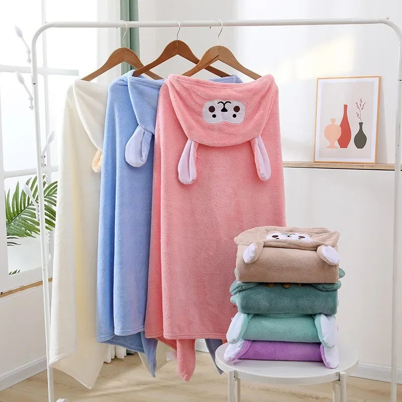 Children Hooded Bath Towel Coral Fleece Super Absorbent Quick Dry Soft Cartoon Cape Towel For Baby Bathroom