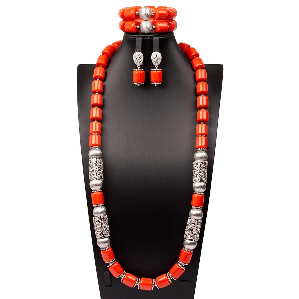 32 inches Long Orange Beads African Jewelry Set Women Bridal Party Costume Necklace Jewelry Set
