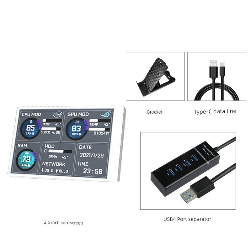 3.5-Inch Computer Sub-Screen IPs Full View USB-C Chassis Sub-Screen Computer Status Monitoring Installation-Free Aida64