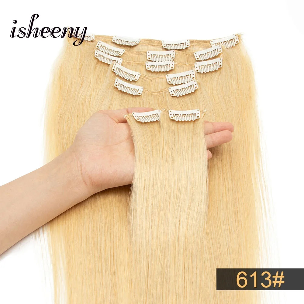 Isheeny 12"-24" Clip In Human Hair Extensions Brazilian Remy Natural Clip Human Hair Extension Real Natural Clip On 50G-120G NEW