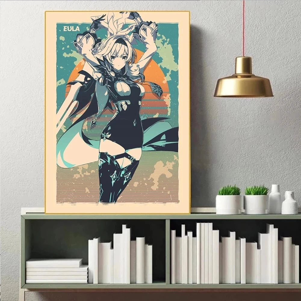 Genshin Game Retro Canvas Poster Ganyu Hu Tao Game  Wall Hanging Painting Anime Wall Art Pictures and Print for Home Room Decor