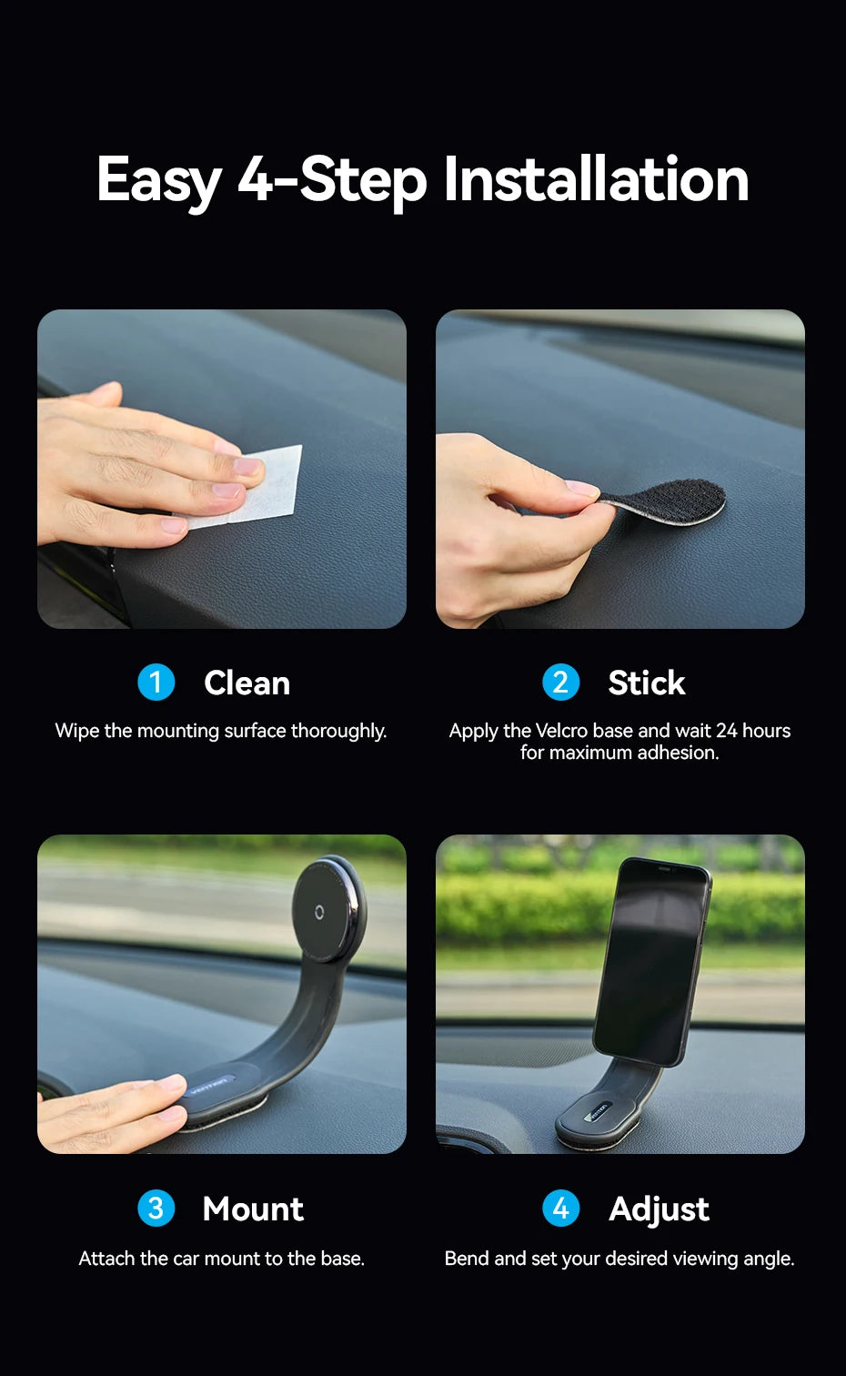 Vention Magnetic Car Phone Holder Mount Adhesive Style Adjustable Dashboard Magsafe For iPhone 12-17 15W Wireless Fast Charging