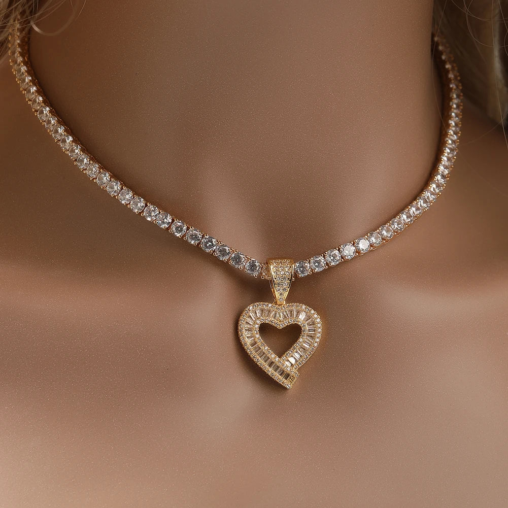 UWIN Baugettecz Heart Charms for Women Iced Out Cubic Zircoina Heart Pendant Necklaces Fashion Jewelry for Gift