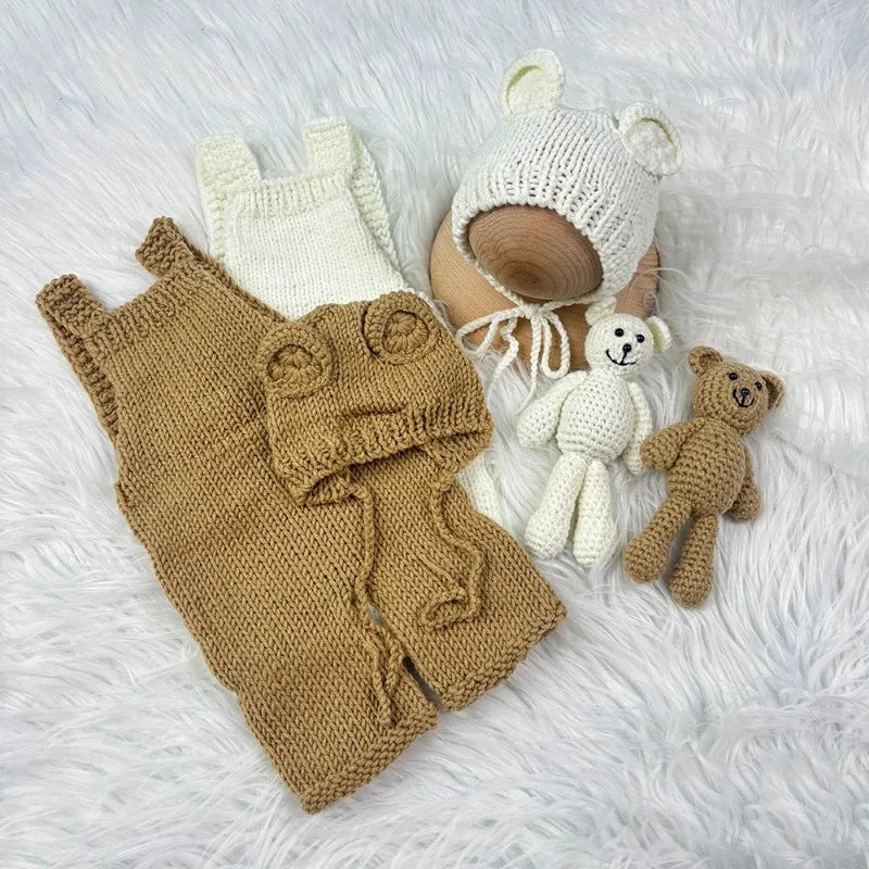 3pcs Baby Cute Costume Newborn Photography Props Crochet Knitted Bear Ear Hat, Bear Doll and Overalls Sets Studio Photos Outfits