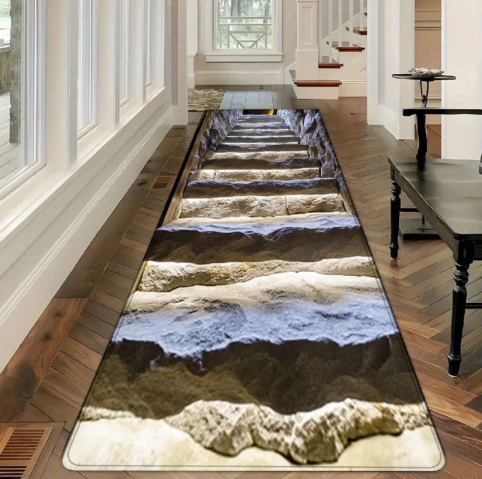 1pc Rug Carpet Mat Non-Slip 3D Stone Stair Cave Runner Rug for Hallway Entryway Bathroom Living Room Bedroom Kitchen Home Decor