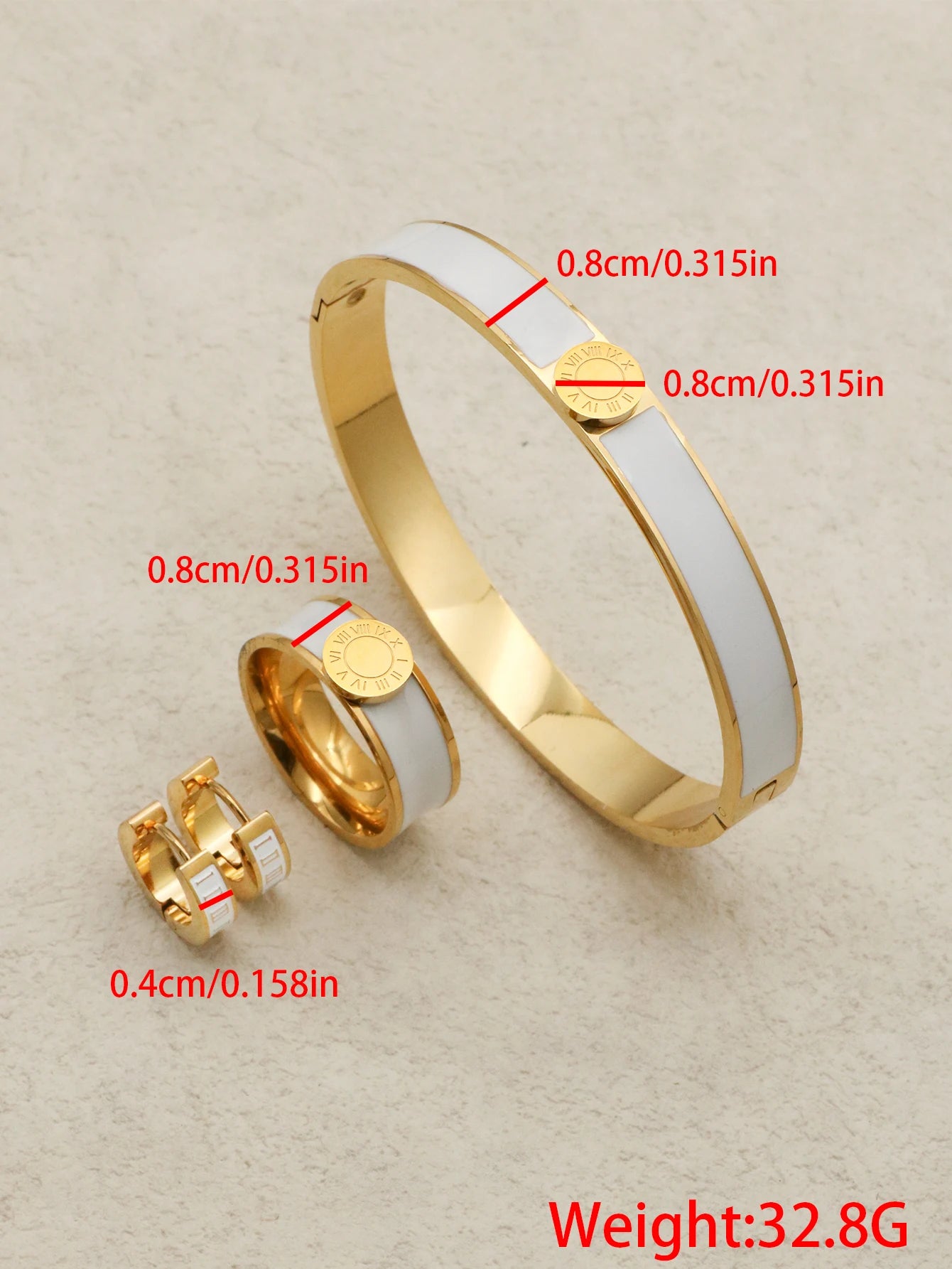 1set/4pcs New Trendy Round Roman Numerals Bracelet Stainless Steel Enamel Bangles Ring Earrings Jewelry Set Women Orange Color