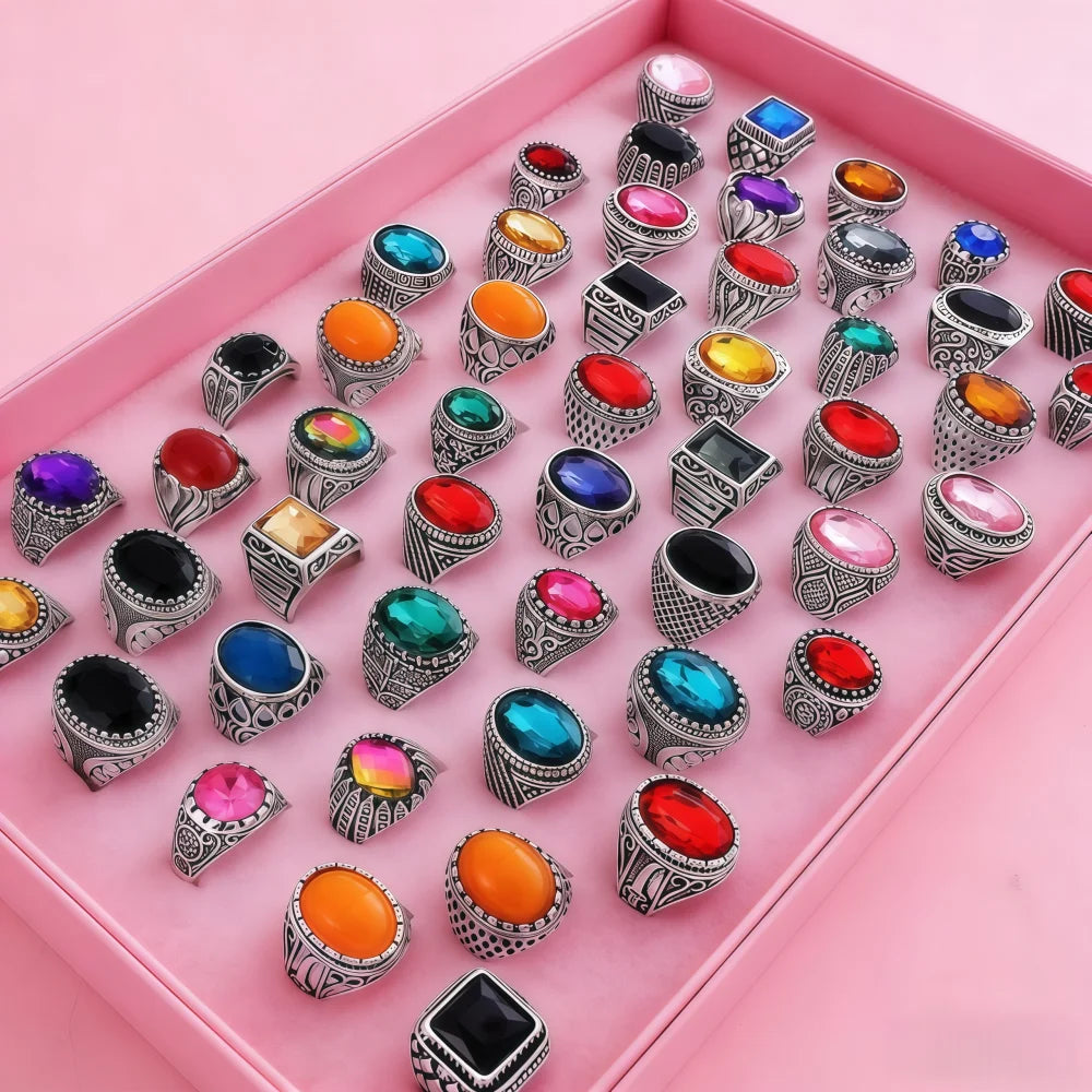 6/12/24/36/48/100Pieces Fashion Elegant Colorful Glass Rings Set For Women Random Mix Style Daily Party Gifts Jewelry