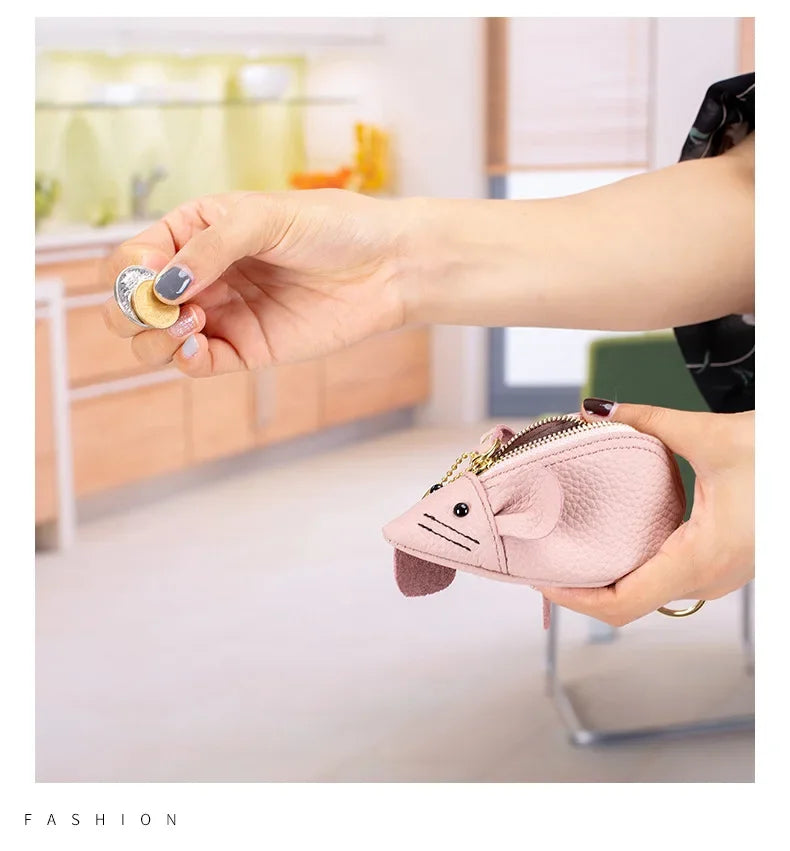 Women's Leather Mini Coin Pouch - Cute Mouse Keyring Lipstick Clutch Bag with Pendant Charm for Gift Essentials
