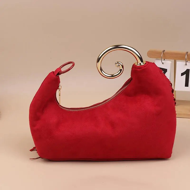 Trendy Vintage Evening Bags for Women, French Luxury Faux Suede Tassel Handbags with Durable Metal Handle