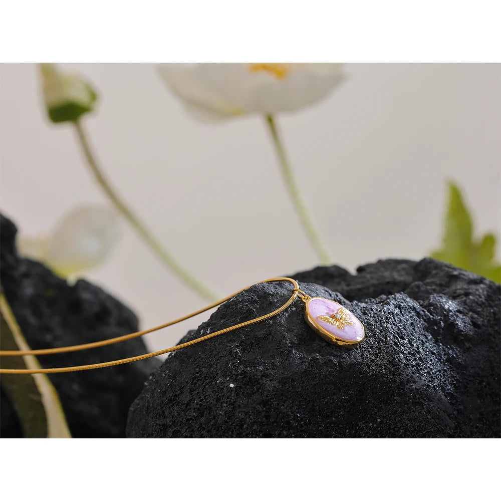 Yhpup Pink Enamel Butterfly Gilding Geometric Pendant Stainless Steel Collar Fashion Necklace for Women Korean Chic Jewelry Gift