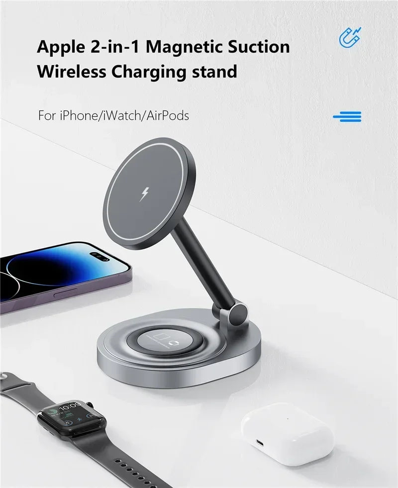 2 in 1 Folable Magnetic Wireless Charger Phone Holder Stand For Magsafe iPhone 17 16 15 14 13 12 Airpods 4/3 Pro 2 Fast Charging