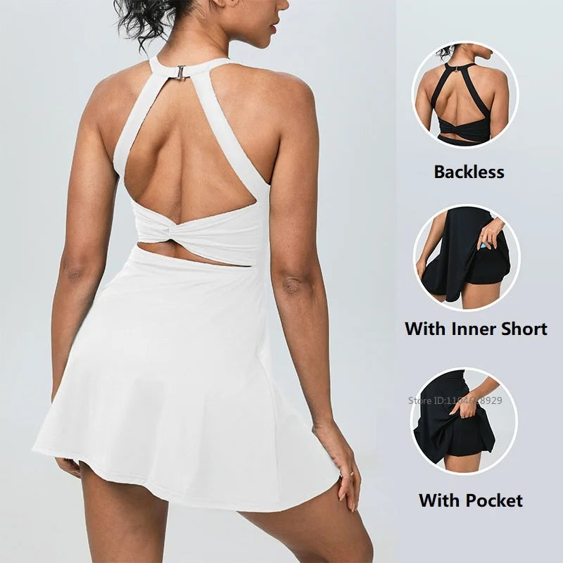 Summer Women Sexy Backless Tennis Dress Sleeveless A-lined Athletic Dress Built-in Bra & Shorts Ladies Elastic Workout Skirts