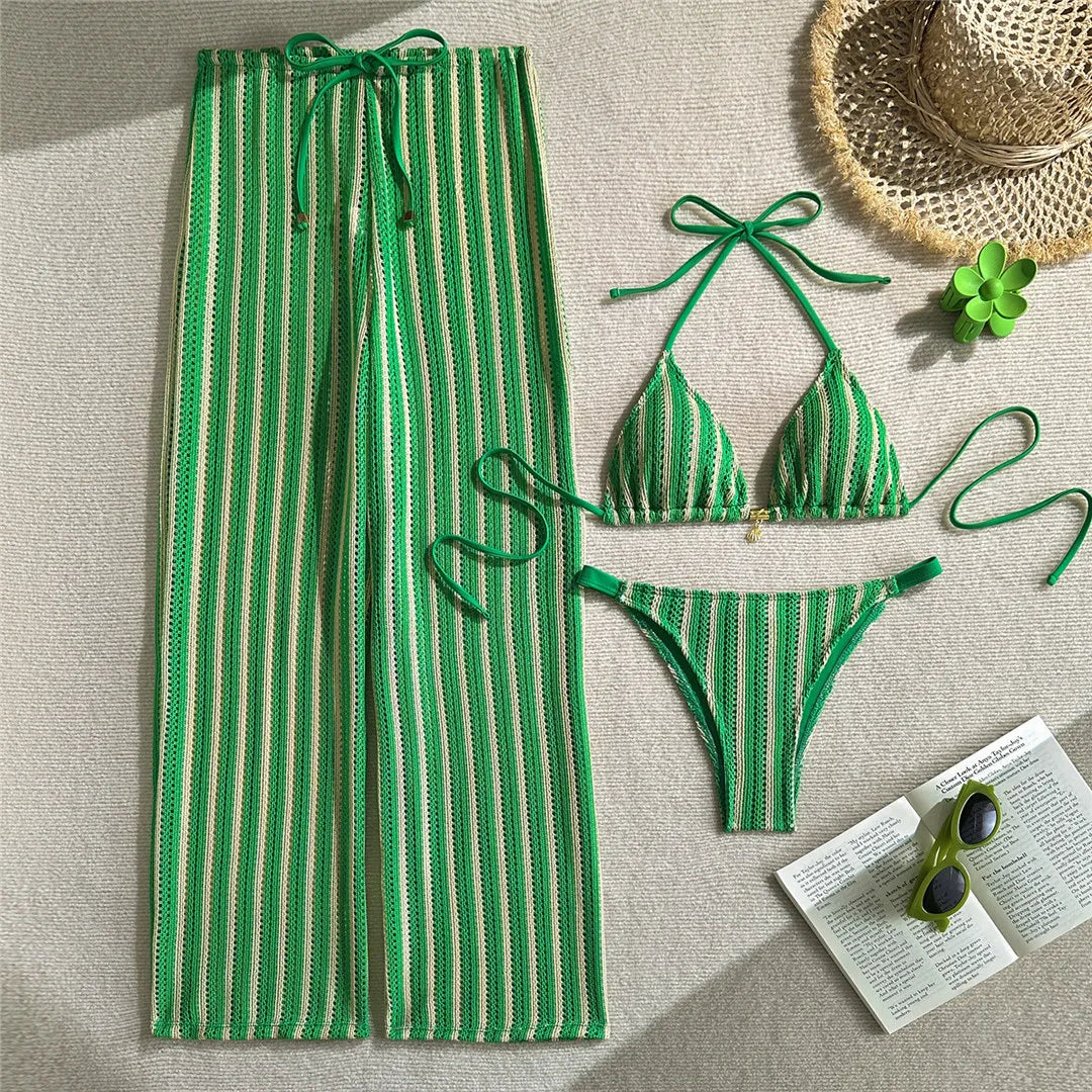 With Pants Striped Halter Bikini Female Swimsuit Women Swimwear Three-Pieces Bikini Set Brazilian Bather Bathing Suit Swim V7838