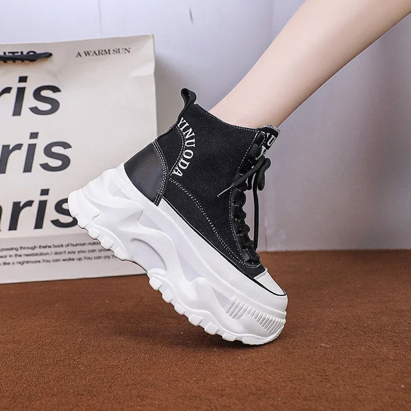 Women Sneakers High Top Platform Breathable Leather Shoes 2023 Autumn Ladies Wedges Casual Shoes For Woman Sports Dad Shoes 8CM