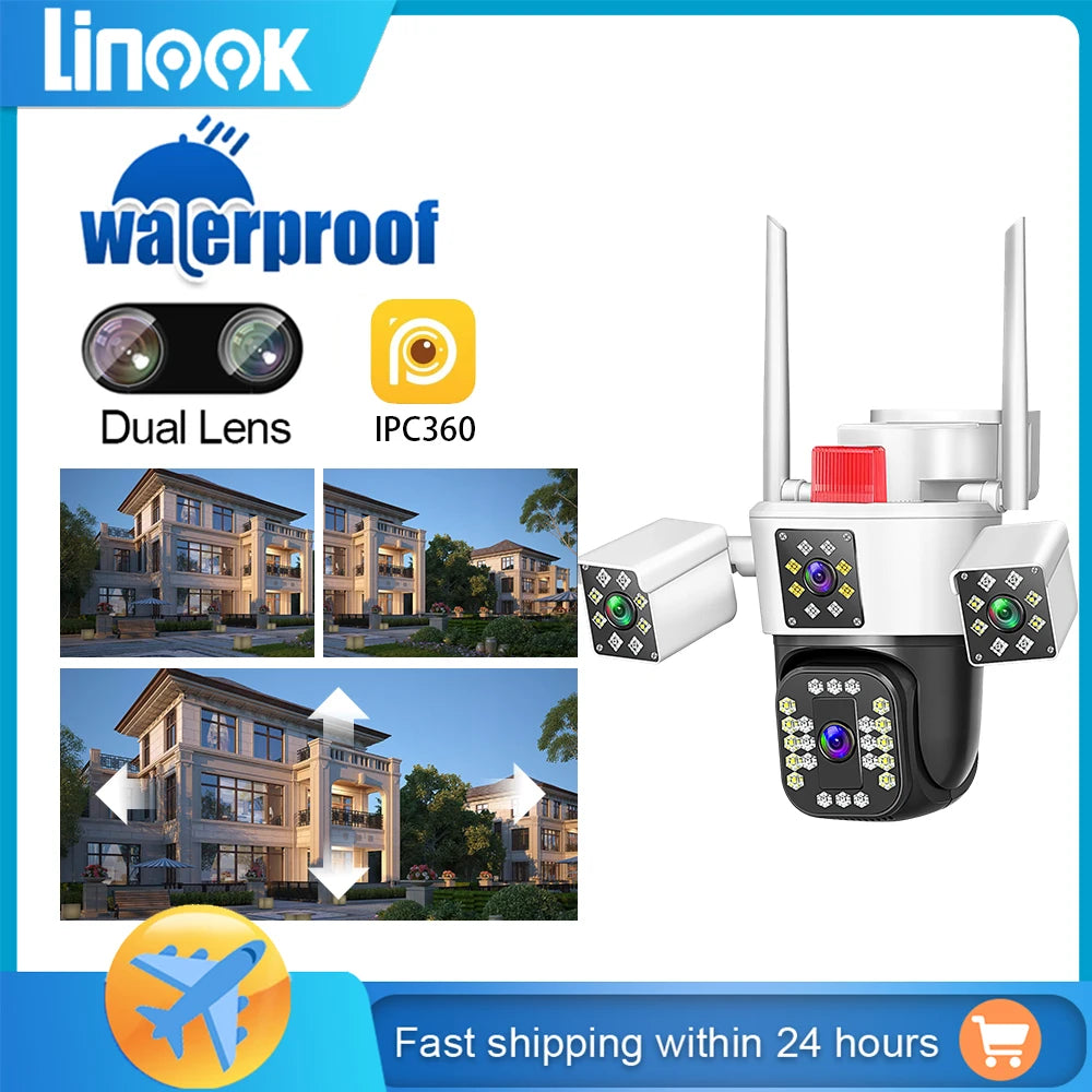 Linook 12MP, 4K, 4-lens, WiFi monitoring camera, IP camera, CCTV outdoor WiFi camera, WiFi security protection camera