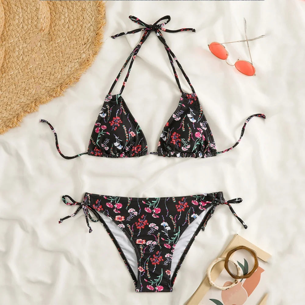 Cute Floral Bikini Extrem String Swimsuit Halter Backless Push Up Vacation Swimwear Women Y2K Beach Tropical Brazil Bathing Suit