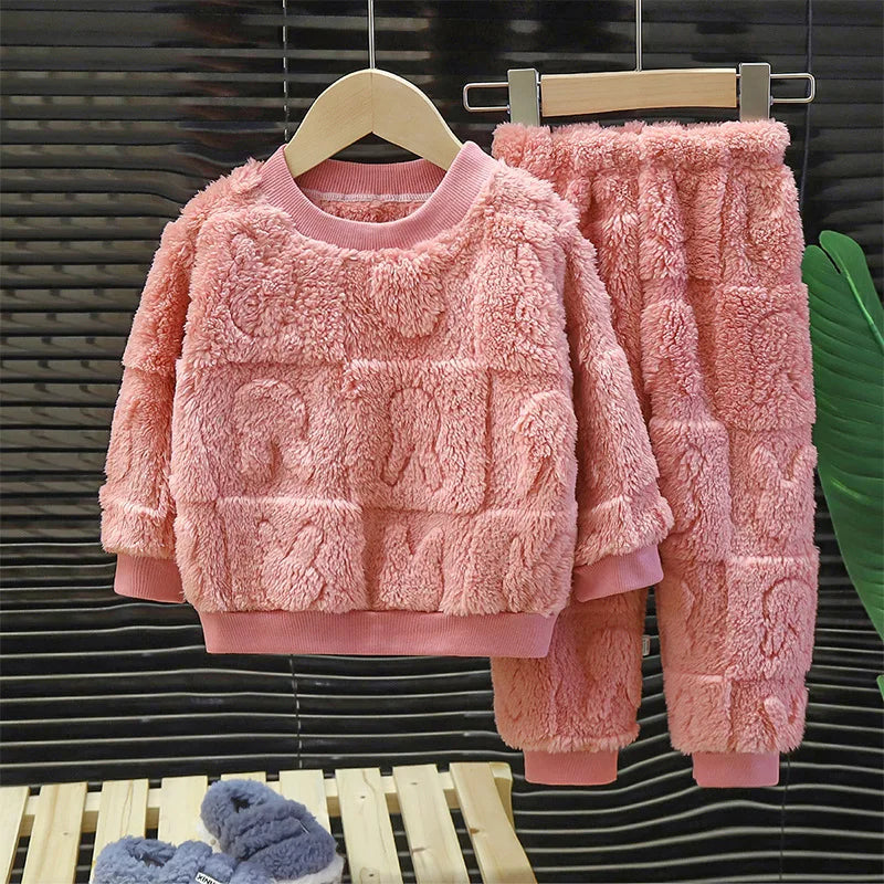 Two-piece Autumn Winter Home Sleepwear Set Boys Baby Fleece Warm Outdoor Children Girls Homewear Suits Thickened Ammonia Fabric